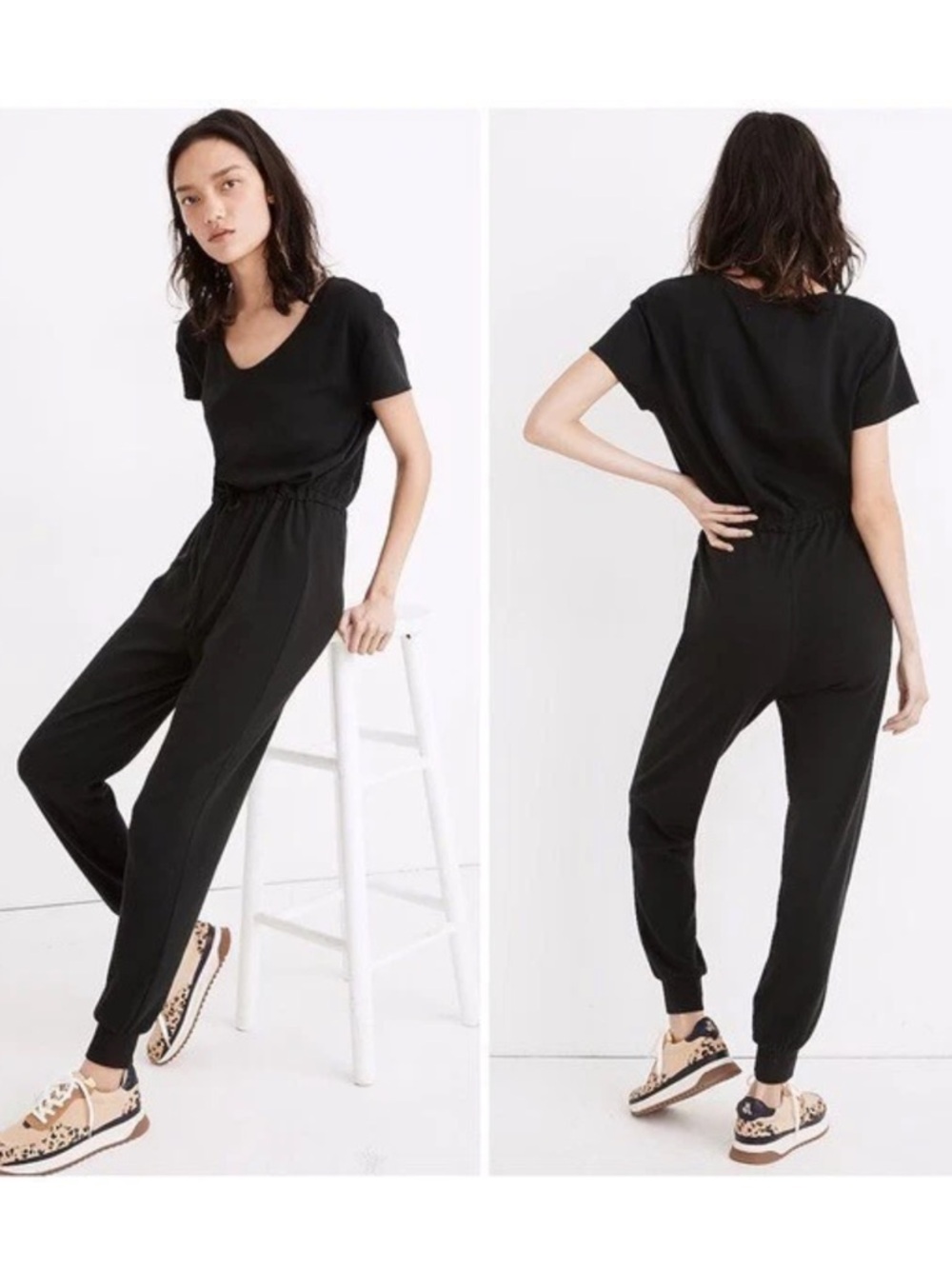 Madewell Black Short-Sleeve Drawstring Jumpsuit so soft & stretchy. M VGUC